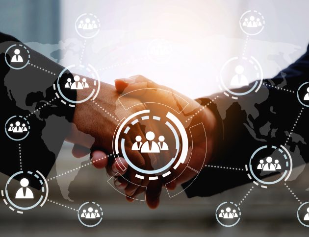 business man in suit handshake after finishing up a business meeting with virtual innovation, network connection interface diagram, congratulation, success, partner, teamwork and community concept